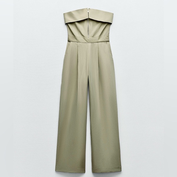 Zara NWT pale olive green zipper front foldover strapless bandeau tube jumpsuit - Picture 12 of 17